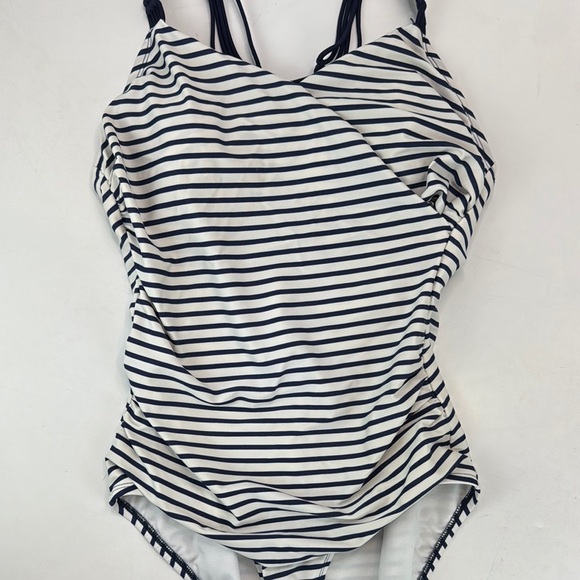 Kona Sol Shirred Macrema One Piece Swimsuit Navy White Size M - Picture 3 of 10
